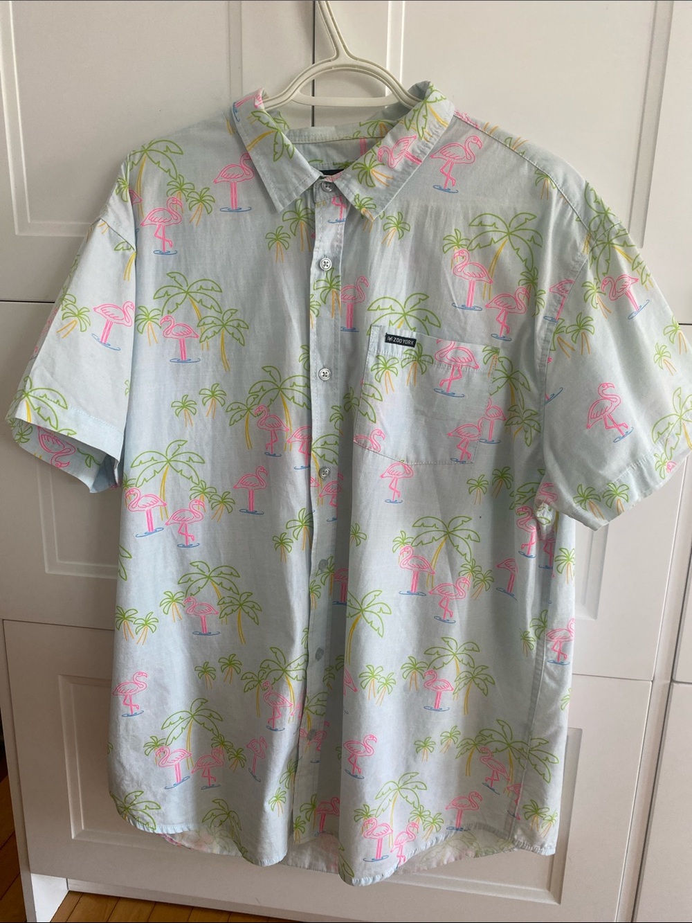 Zoo York Blue lCotton Short Sleeve Shirt Flamingo-Palm Tree Print Size X-Large